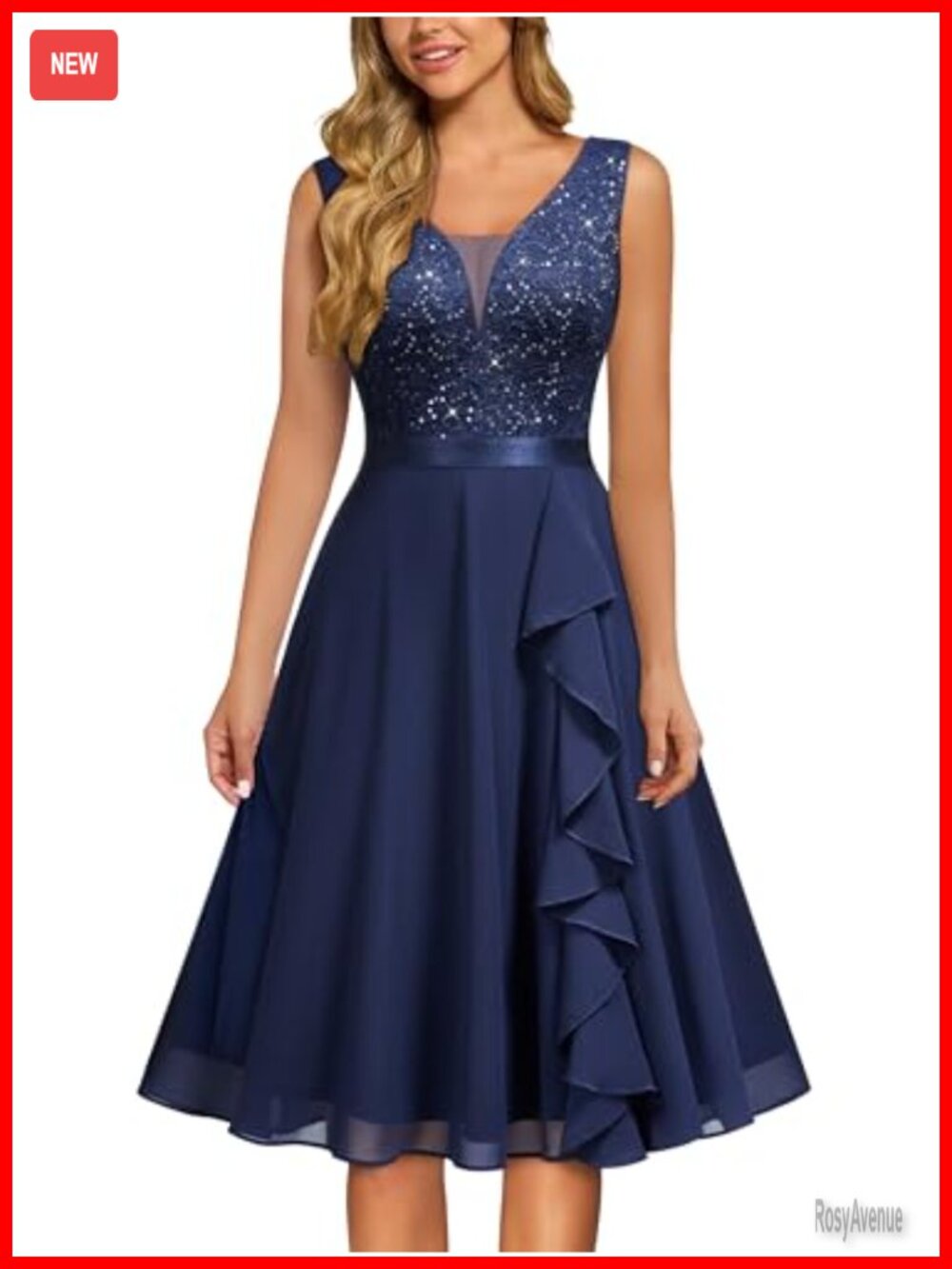 Sequin Lace V-Neck A-Line Party Dress with Ruffle Hem
